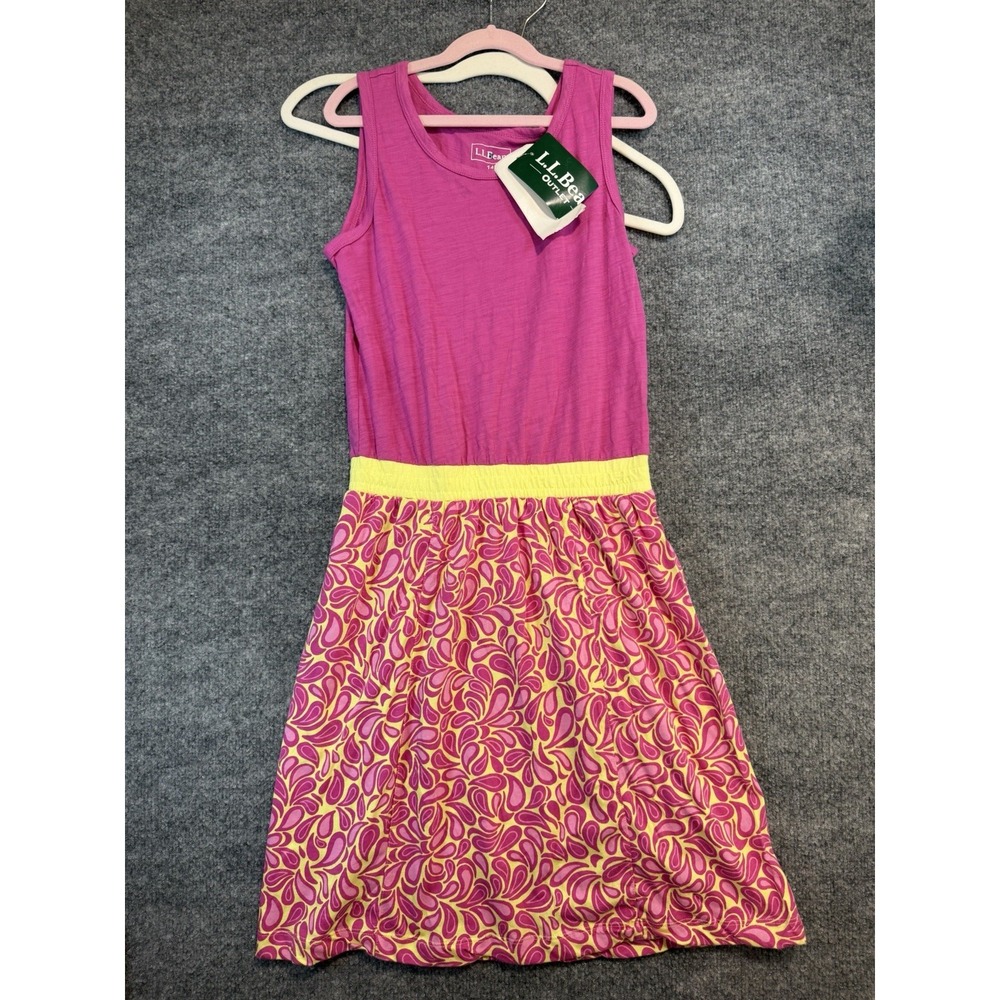 NWT L.L. Bean Girls Size 14 Pink Yellow Pattern Knit Dress 100% Cotton